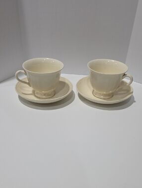 Wedgewood Cream Porcelain Teacup and Saucer Set - Pair